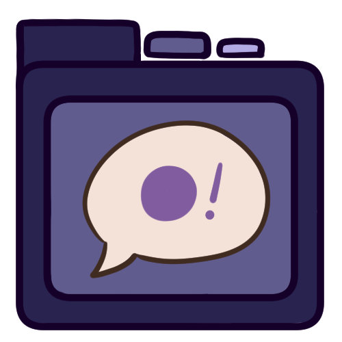  a purple file folder with a speech bubble on it, inside the speech bubble is a circle and an exclamation mark (!).